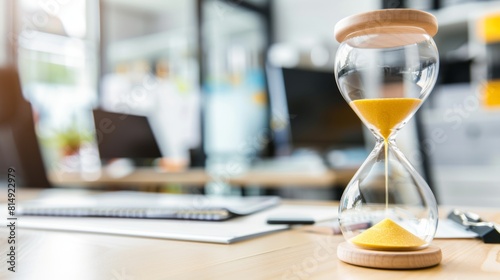 A close-up view of a sophisticated hourglass capturing the passage of time in a luxurious office setting, symbolizing deadline and time management in business.