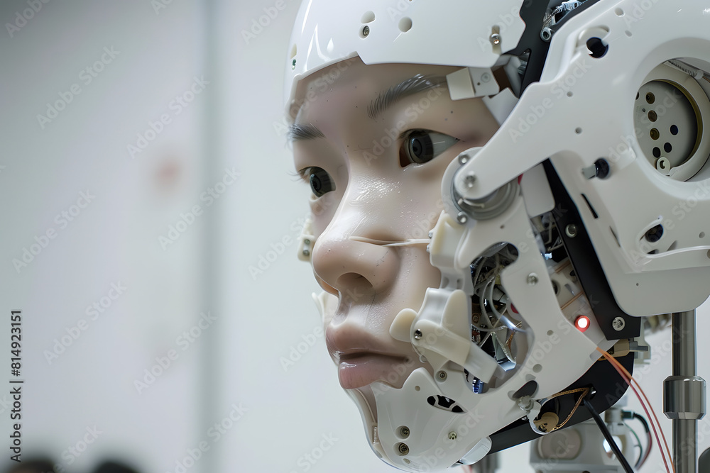 A detailed shot of a humanoid robot's face and sensors being calibrated by engineers in China, with a solid light background A detailed shot of a humanoid robot's face and sensors being calibrated by engineers in China, with a solid light background