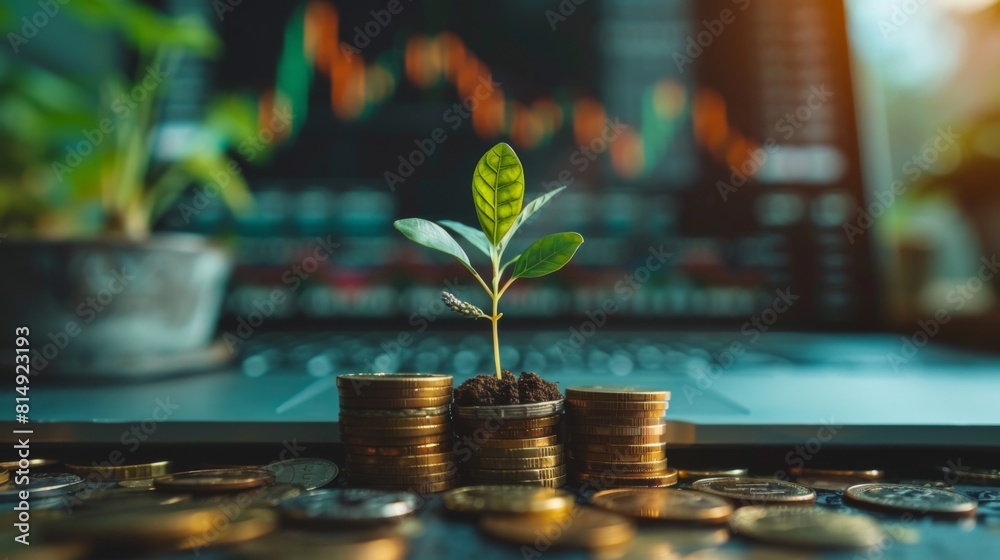 A sapling grows from a pile of coins with a blurred stock market display chart in the backdrop, symbolizing investment growth and financial success. A sapling grows from a pile of coins with a blurred stock market display chart in the backdrop, symbolizing investment growth and financial success.
