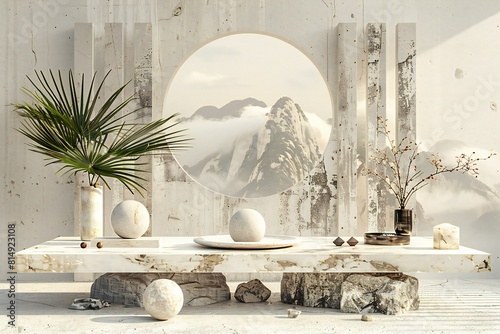 A marble table with two palm leaves and other objects on top photo