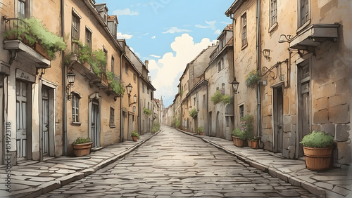 A beautiful rendering of a quiet cobbled European street lined with old buildings and foliage © Heruvim