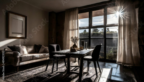 Modern home living room interior with table and chairs, window, Mockup frame © Watercolor_Concept