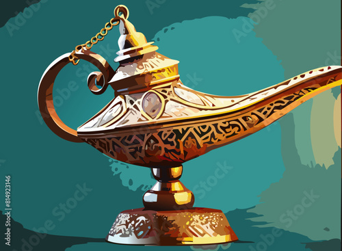 Aladdin magic lamp on dark background. Vector illustration of a magic lamp of wish.