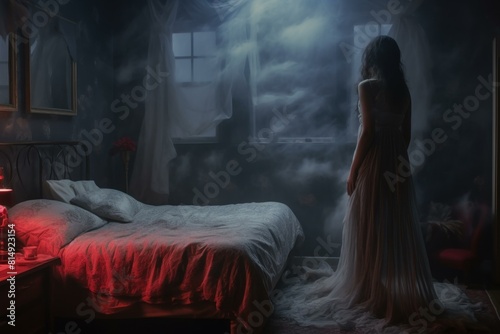 Ethereal scene with a woman gazing out a foggy window in a dim, romantic bedroom