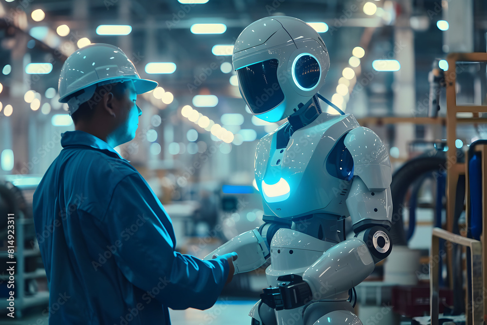 Naklejka premium A high-quality image of a humanoid robot interacting with a technician in a Chinese manufacturing facility, with a solid industrial background 