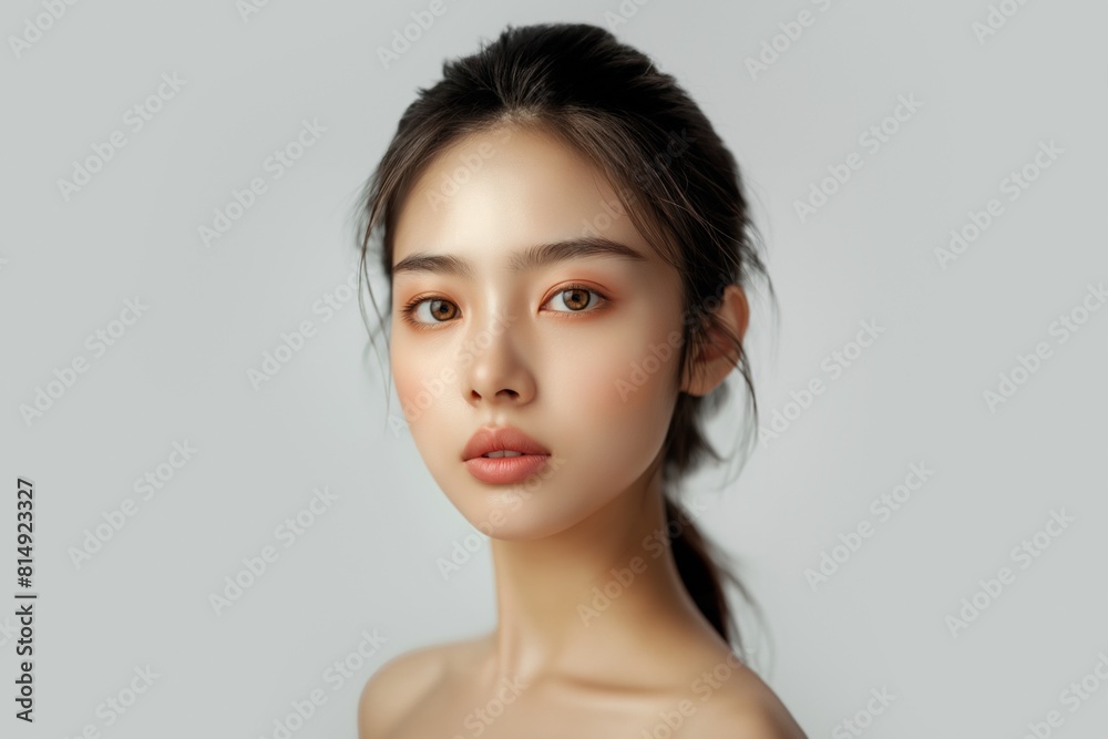 Close up portrait of a young Asian woman with a poised expression and natural makeup Close up portrait of a young Asian woman with a poised expression and natural makeup