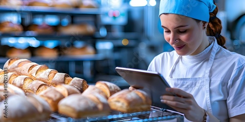 Woman baker uses tablet to monitor bread quality in bakery factory. Concept Bakery Factory  Quality Control  Technology in Baking  Woman Baker  Tablet Monitoring