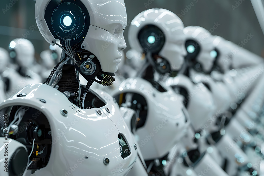 Fototapeta premium A detailed shot of Chinese engineers assembling humanoid robots on a production line, with robotic arms and a solid gray background