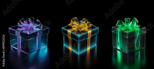 Three luminous gift boxes with colorful bows and ribbons on a black background. Set of glowing Christmas gifts. Sale. Black Friday. Christmas banner. © Наталья Зюбр
