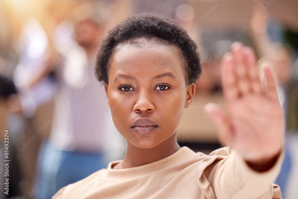 Black woman, portrait and hand for stop at protest for public justice, change or government. Female person, face and feminist equality for gender pay gap or community strike, march or human rights Black woman, portrait and hand for stop at protest for public justice, change or government. Female person, face and feminist equality for gender pay gap or community strike, march or human rights