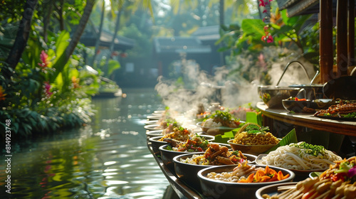 A serene floating boat amidst lush greenery, adorned with steaming bowls of tantalizing Thai noodle dishes, as if in a culinary oasis. photo