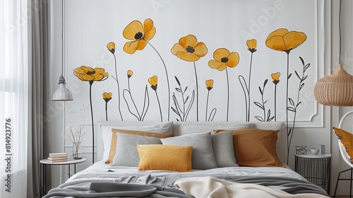 wall mural of yellow flowers on a white background with black lines in a simple minimalistic style design for a bedroom wall,Generative AI illustration.