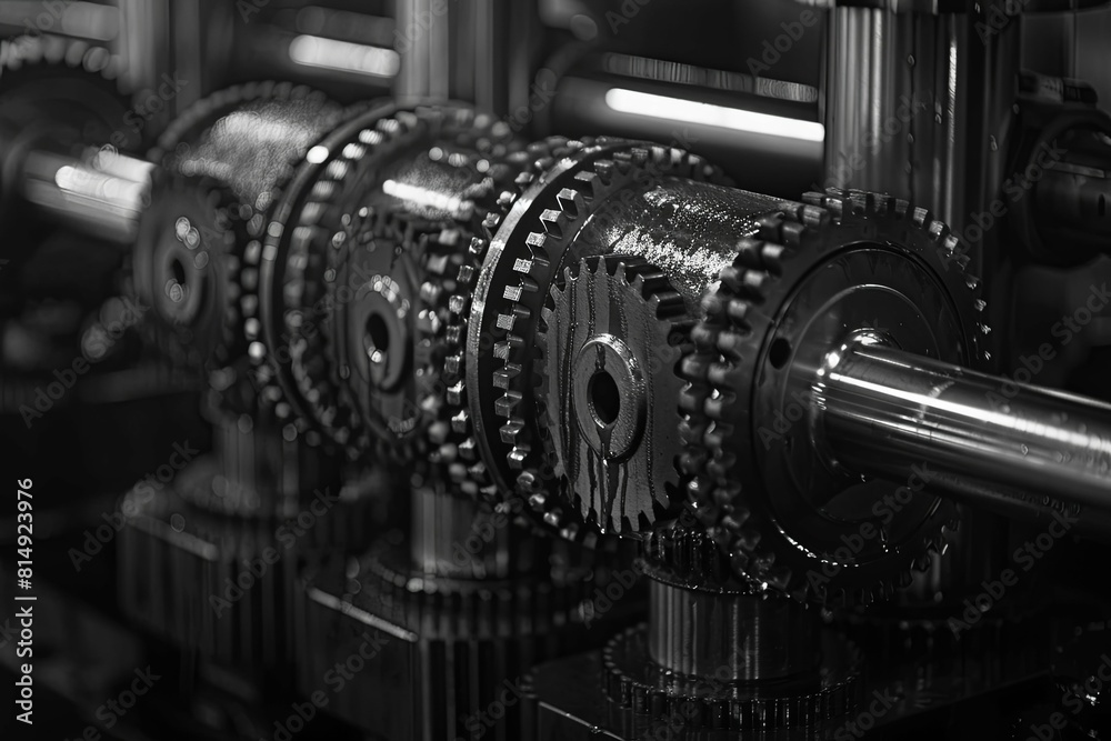 Closeup of gears working together in motion, blurred background, monochrome, industrial concept for design projects, black and white, grainy texture, depth of field Closeup of gears working together in motion, blurred background, monochrome, industrial concept for design projects, black and white, grainy texture, depth of field