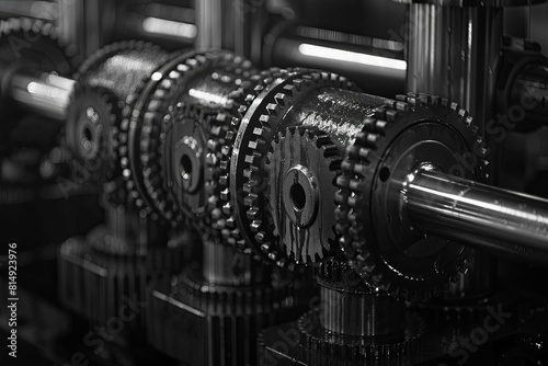 Closeup of gears working together in motion, blurred background, monochrome, industrial concept for design projects, black and white, grainy texture, depth of field