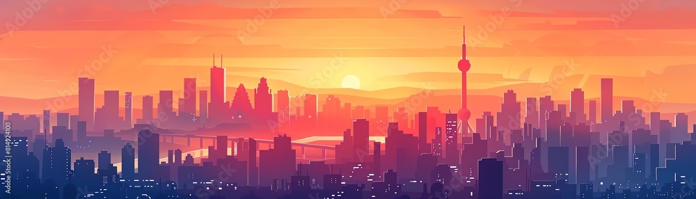 Minimalist line art illustration of a city skyline at sunset, with warm colors elegant, simple, geometric