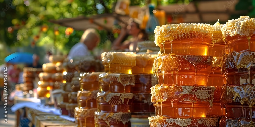 Fototapeta premium Local familyowned bee farm sells fresh honey at weekly farmers market in town. Concept Local Business, Farmers Market, Bee Farm, Fresh Honey, Family-Owned