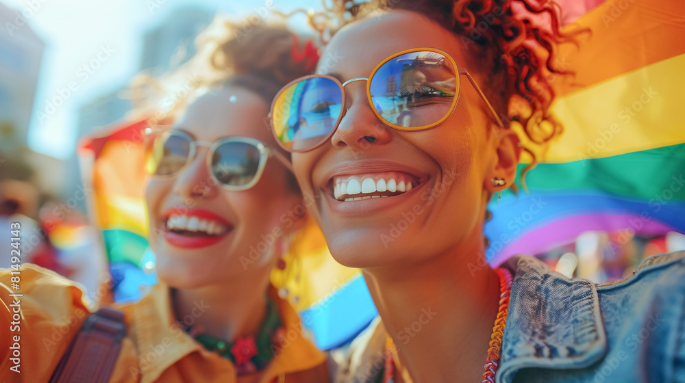 happy LGBT couple on pride parade. Two young smiling girls with LGBT flags at the gay pride demonstration. happy LGBT couple on pride parade. Two young smiling girls with LGBT flags at the gay pride demonstration.