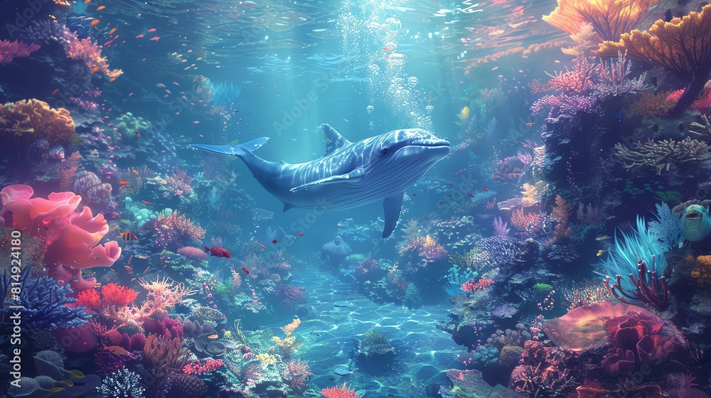 Fototapeta premium An underwater kingdom, with vibrant coral reefs and majestic sea creatures like mermaids and whales