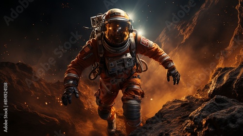 Astronaut doing space walk. Mars exploration.