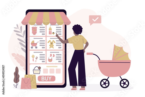 Mother with pram standing before giant smartphone and buying in online shop. Internet mobile store with clothes and accessories for newborns.