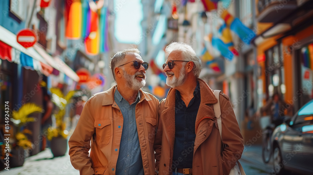 Portrait of senior LGBT gay couple walking on a city street.