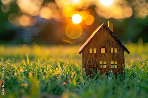 Small wooden house model on a green grass field with a sunset light bokeh background, in the style of real estate concept.  © Anastasia Knyazeva