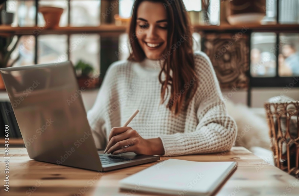 Smiling Woman Working on Laptop at Home, smiling woman in a cozy sweater working on her laptop at home, with a notepad and pen on the table. Perfect for themes of remote work, productivity, and modern Smiling Woman Working on Laptop at Home, smiling woman in a cozy sweater working on her laptop at home, with a notepad and pen on the table. Perfect for themes of remote work, productivity, and modern