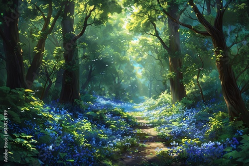 An enchanted forest in early spring  sunlight filtering through dense foliage  a carpet of bluebells underfoot