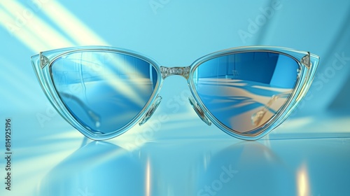 A stylish pair of sunglasses with mirrored lenses placed on a vibrant blue background © Pavel Kachanau