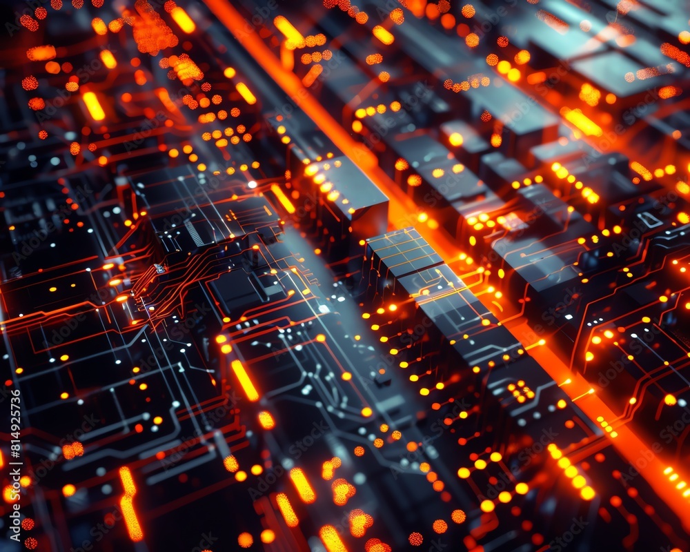 An abstract illustration of a circuit board with glowing orange lines An abstract illustration of a circuit board with glowing orange lines