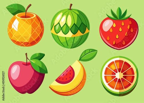 Adobe Illustrator Artwork
A set of vector illustrations of six fruits, a bright colorful set on a green background, design for a fruit shop, fruits: orange, apple, grapefruit, apricot, strawberry, ora