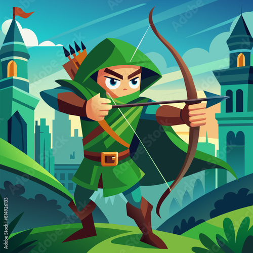 Green Robin Hood, robber with a bow, vector illustration on a castle background, cartoon character, character for a postcard or sticker
