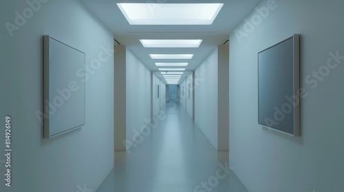 Modern Minimalist Corridor with Fluorescent Lighting and Art Frames