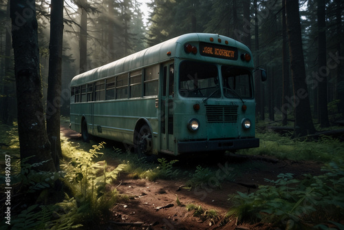 A broken down bus lies abandoned in the middle of a deep scary forest