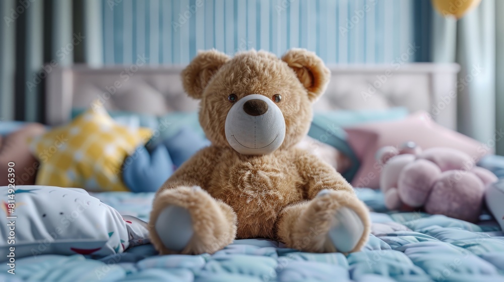 Adorable Plush Teddy Bear Sitting on a Child's Bed Adorable Plush Teddy Bear Sitting on a Child's Bed