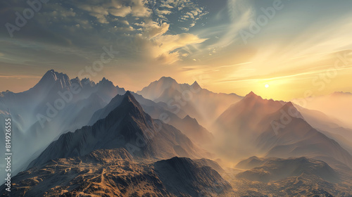 Panoramic view of a mountain range at sunrise, suitable for wallpaper, wide format