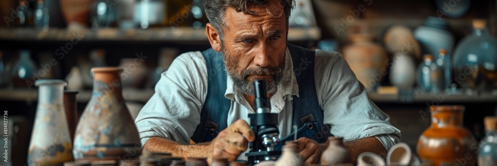 male archeologist analyzing pottery shards under a microscope in a laboratory male archeologist analyzing pottery shards under a microscope in a laboratory