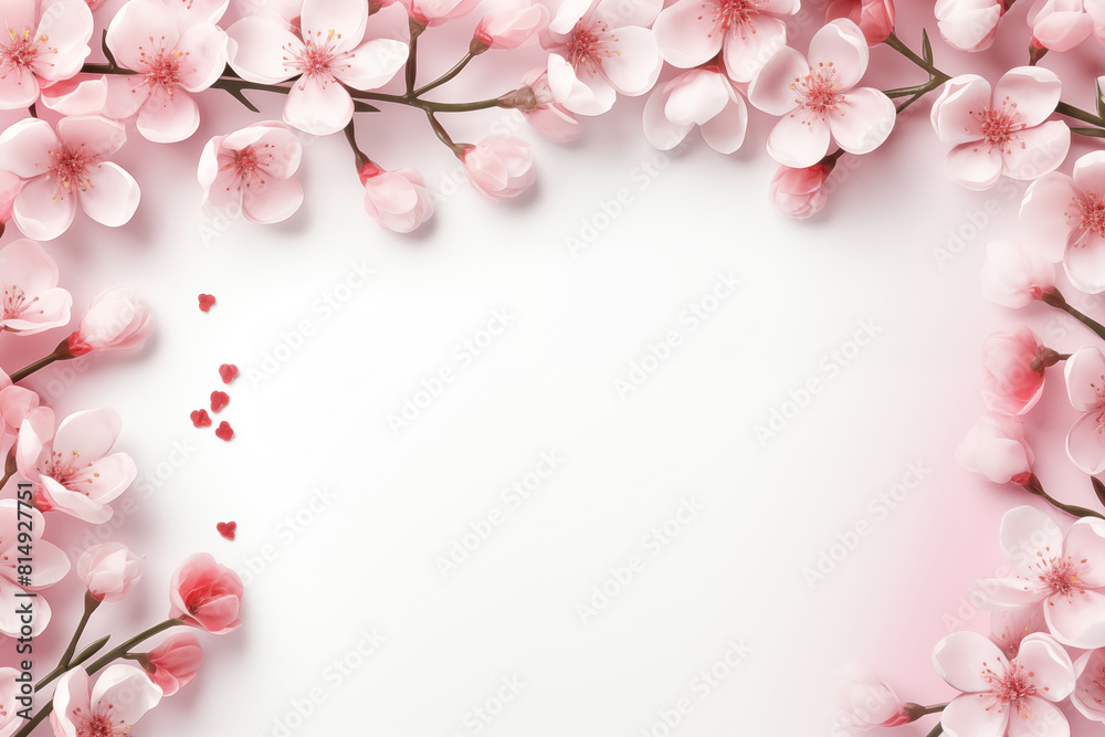 Cherry blossom frame on white background with copy space
