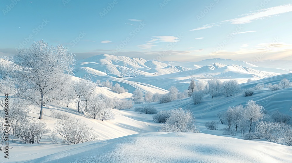 winter landscape with snow-covered hills and trees. The sky is blue and the sun is shining. winter landscape with snow-covered hills and trees. The sky is blue and the sun is shining.
