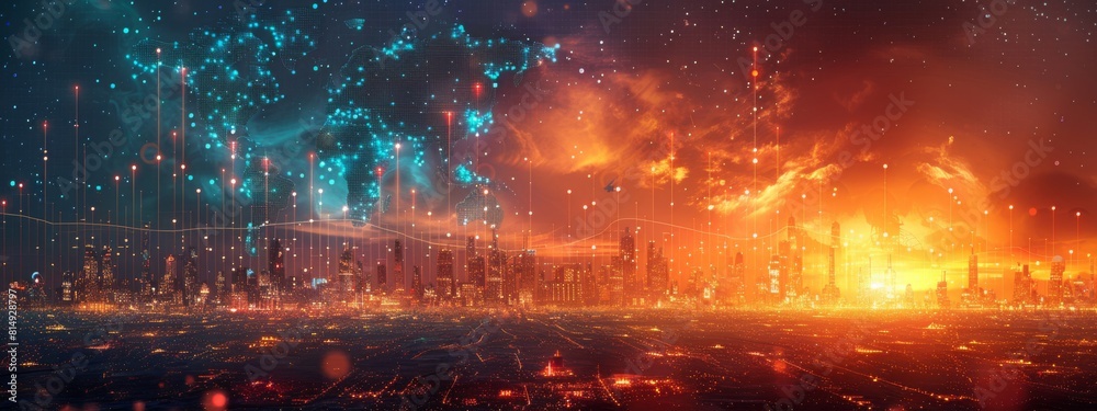 A cityscape with a bright orange sky and a blue sky with a lot of stars