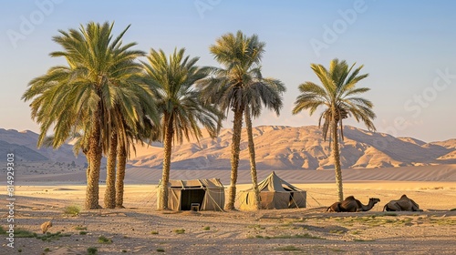 Desert oasis with palm trees and camels