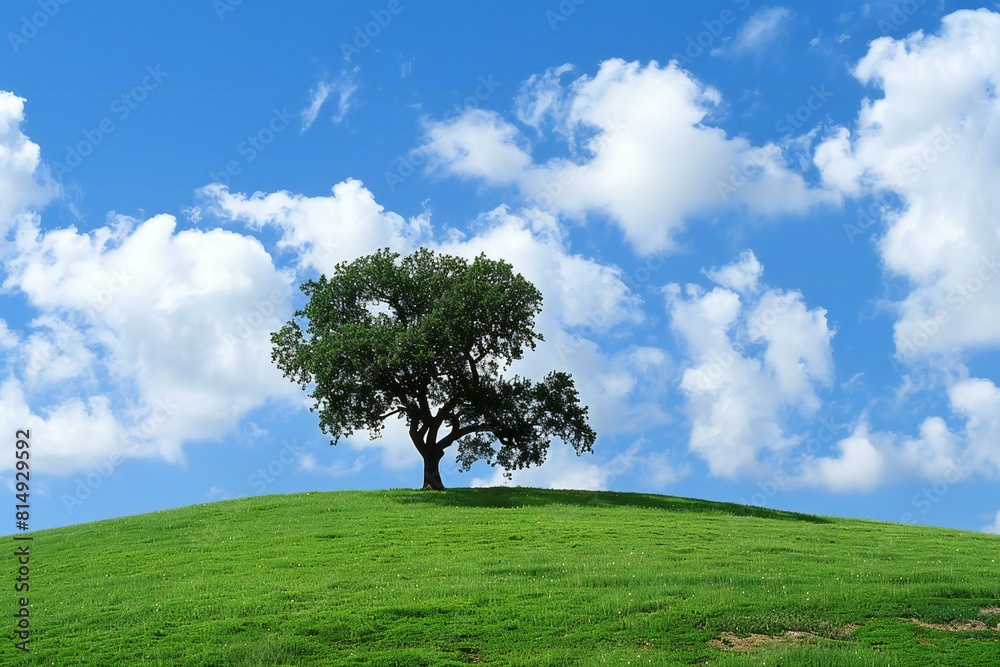 A tree sits on top of a green field under blue sky and clouds