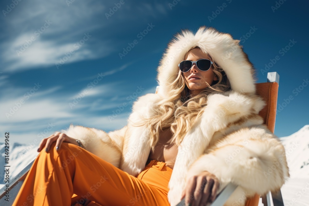 Fashionable woman in fur coat and sunglasses lounging on a deck chair against a vivid mountain backdrop Fashionable woman in fur coat and sunglasses lounging on a deck chair against a vivid mountain backdrop