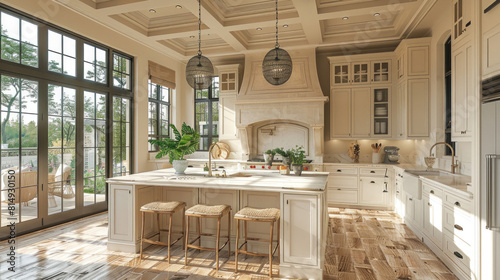 A blend of sophistication and comfort defines this luxury kitchen, with its white interior, wooden floor, and a central kitchen island designed for both aesthetics and practicality. photo