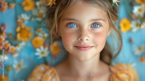Portrait of happy cheerful little girl with blue eyes on background covered in colorful flowers. © Anna
