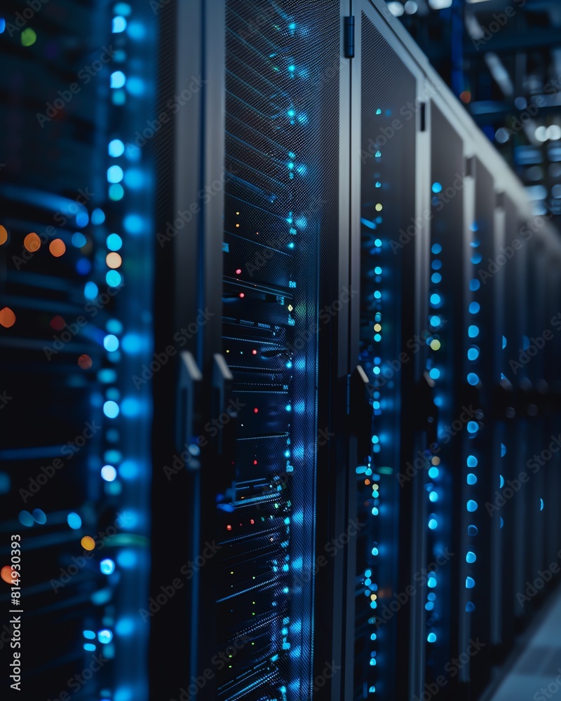 A dark and mysterious data center. The blue lights of the servers are the only source of illumination. The air is thick with the hum of the machines. A dark and mysterious data center. The blue lights of the servers are the only source of illumination. The air is thick with the hum of the machines.