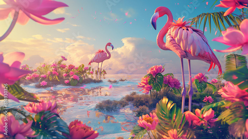 Beautiful flamingos walking in the water with green grasses background