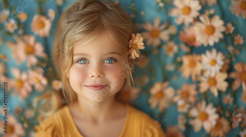 Portrait of happy cheerful little girl with blue eyes on background covered in colorful flowers.