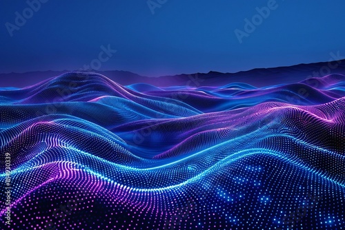 Illustration of the image of wave form is made from blue and purple lights photo