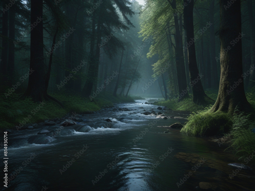 A monstrous river runs through a forest in the foreground. Leaning forest trees. Leaves are dark green